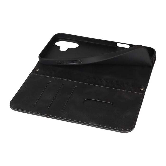 For iPhone 16 Stand Case Magnetic Closure Skin Touch Leather Flip Phone Cover with Wallet - Black - 6