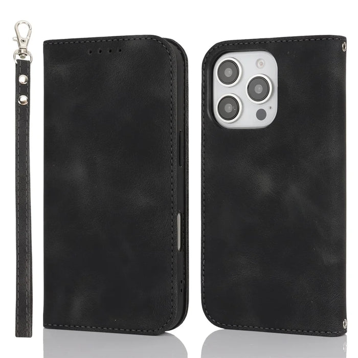 For iPhone 16 Pro Stand Case Magnetic Closure Skin Touch Leather Flip Phone Cover with Wallet - Black - 1
