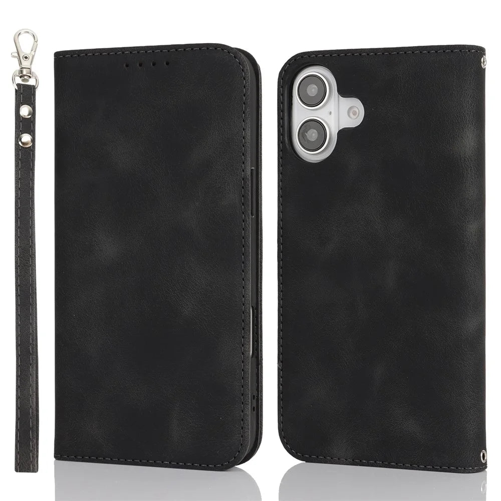 For iPhone 16 Plus Stand Case Magnetic Closure Skin Touch Leather Flip Phone Cover with Wallet - Black - 1