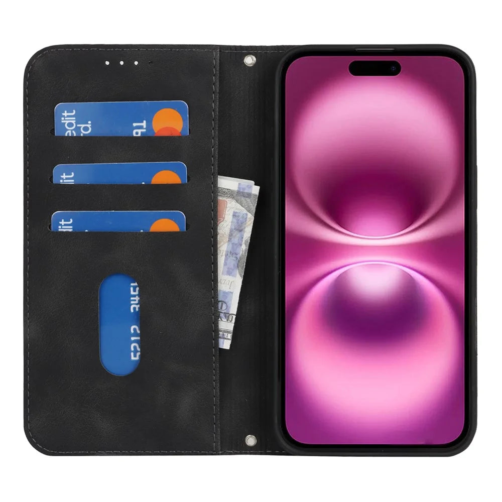 For iPhone 16 Plus Stand Case Magnetic Closure Skin Touch Leather Flip Phone Cover with Wallet - Black - 2
