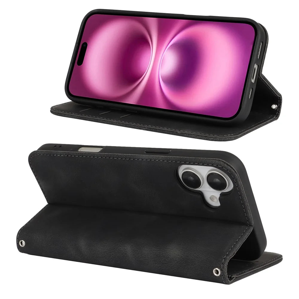 For iPhone 16 Plus Stand Case Magnetic Closure Skin Touch Leather Flip Phone Cover with Wallet - Black - 3