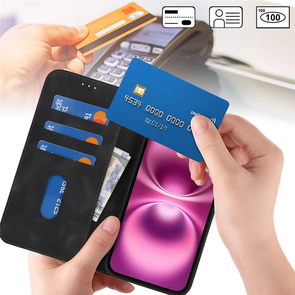 For iPhone 16 Plus Stand Case Magnetic Closure Skin Touch Leather Flip Phone Cover with Wallet - Black - 4