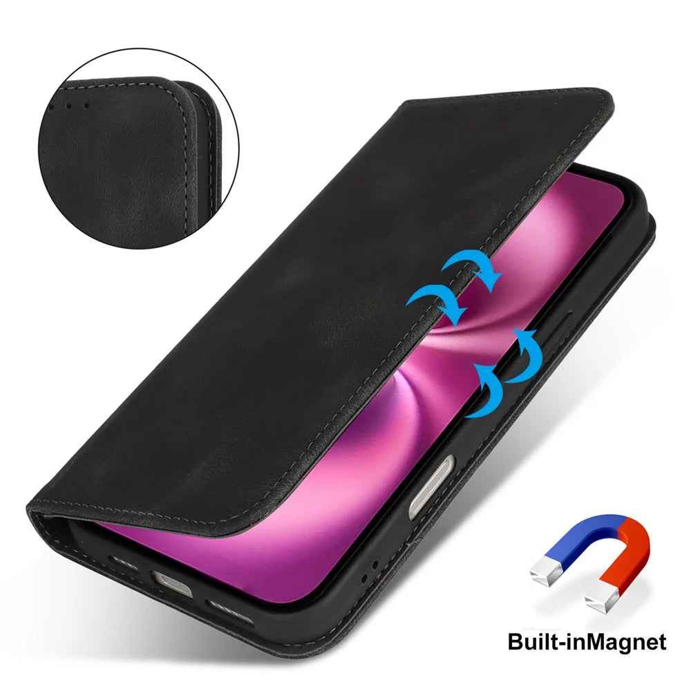 For iPhone 16 Plus Stand Case Magnetic Closure Skin Touch Leather Flip Phone Cover with Wallet - Black - 5