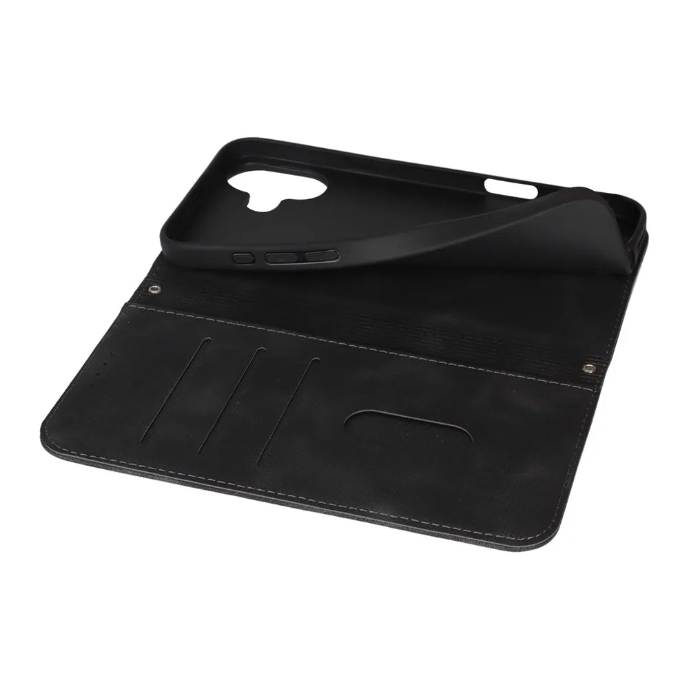 For iPhone 16 Plus Stand Case Magnetic Closure Skin Touch Leather Flip Phone Cover with Wallet - Black - 6