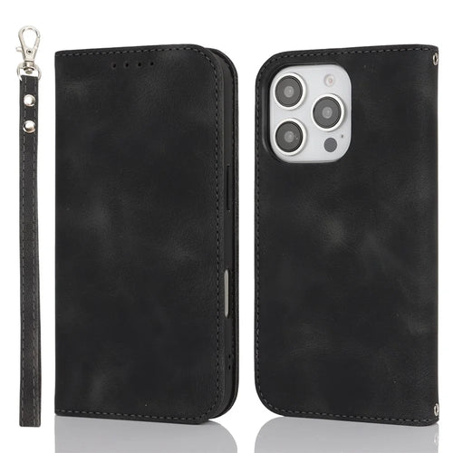 For iPhone 16 Pro Max Stand Case Magnetic Closure Skin Touch Leather Flip Phone Cover with Wallet - Black - 1