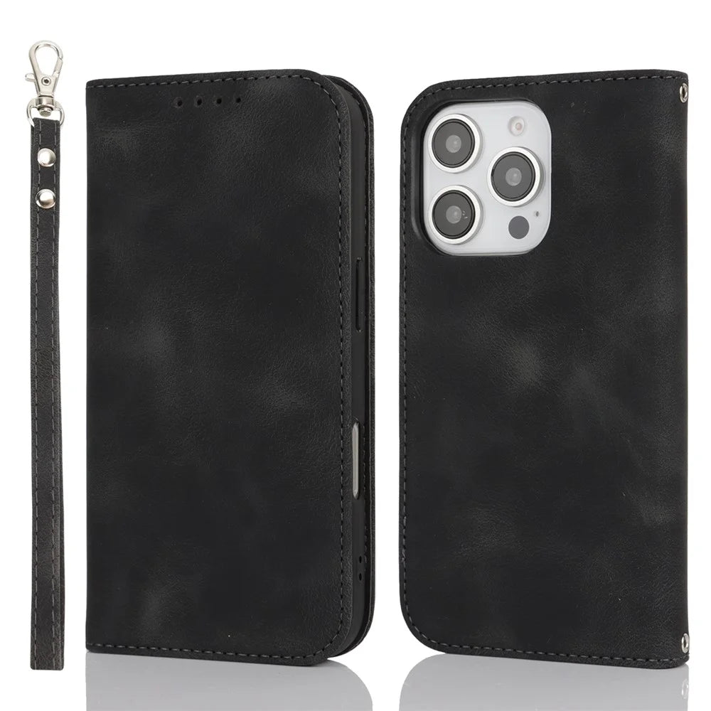 For iPhone 16 Pro Max Stand Case Magnetic Closure Skin Touch Leather Flip Phone Cover with Wallet - Black - 1