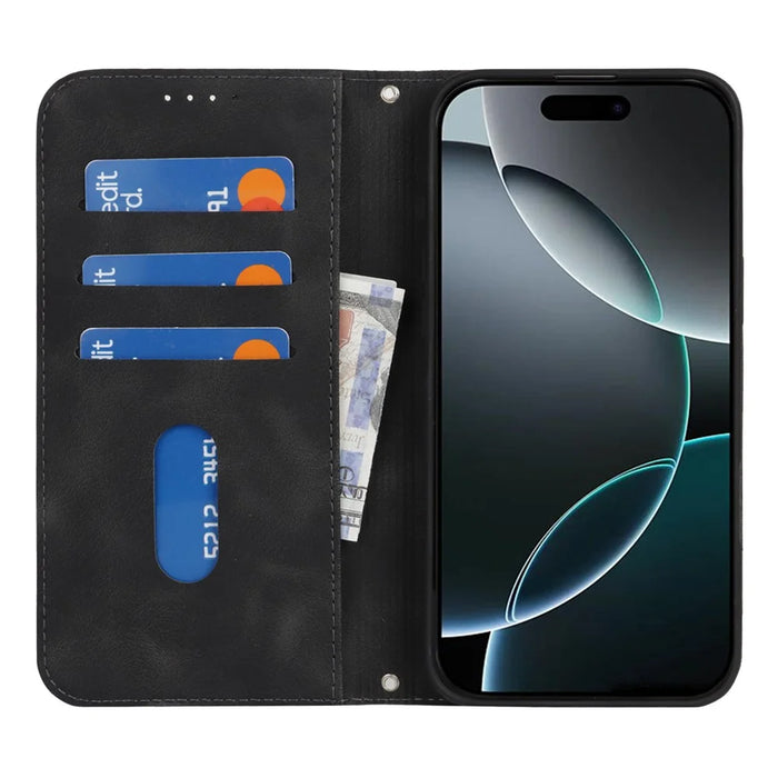 For iPhone 16 Pro Max Stand Case Magnetic Closure Skin Touch Leather Flip Phone Cover with Wallet - Black - 2