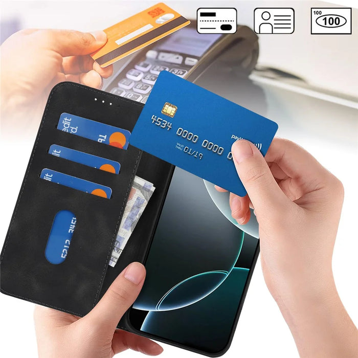 For iPhone 16 Pro Max Stand Case Magnetic Closure Skin Touch Leather Flip Phone Cover with Wallet - Black - 4