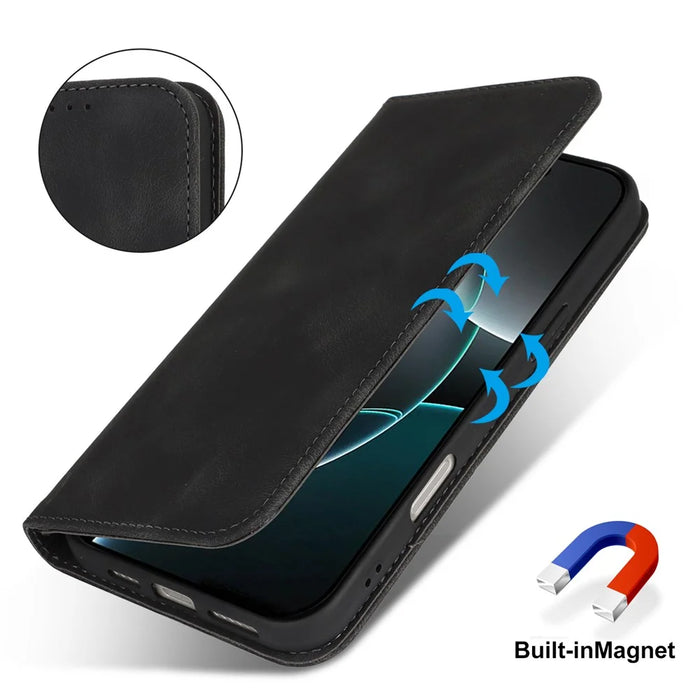 For iPhone 16 Pro Max Stand Case Magnetic Closure Skin Touch Leather Flip Phone Cover with Wallet - Black - 5