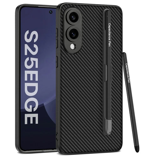 For Samsung Galaxy S25 Edge Case Skin-Touch PU Leather + PC Phone Cover with Stylus - Carbon Fiber Texture - 1