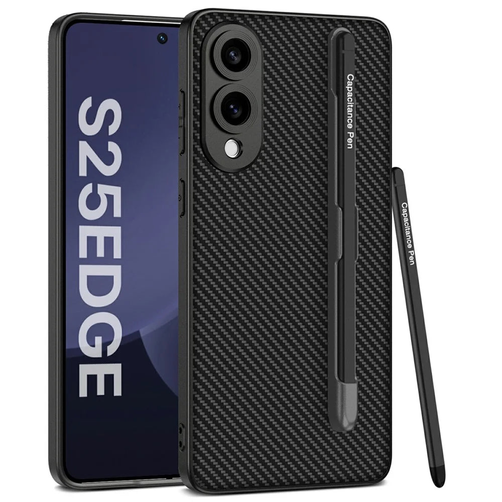 For Samsung Galaxy S25 Edge Case Skin-Touch PU Leather + PC Phone Cover with Stylus - Carbon Fiber Texture - 1