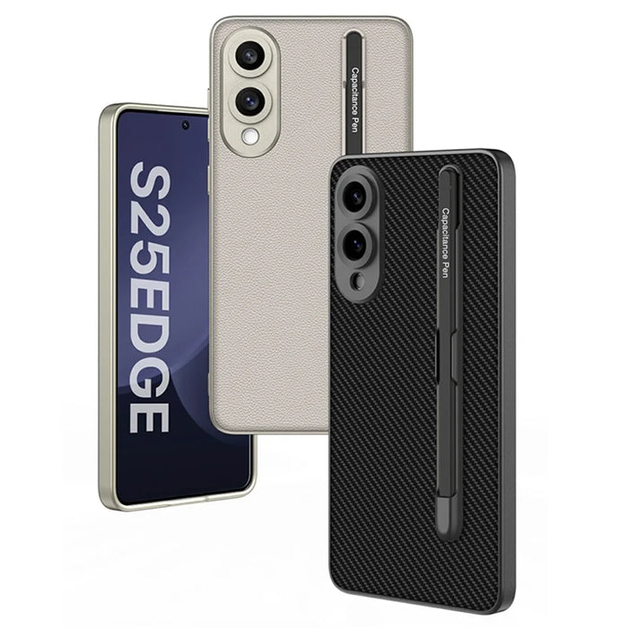 For Samsung Galaxy S25 Edge Case Skin-Touch PU Leather + PC Phone Cover with Stylus - Carbon Fiber Texture - 4