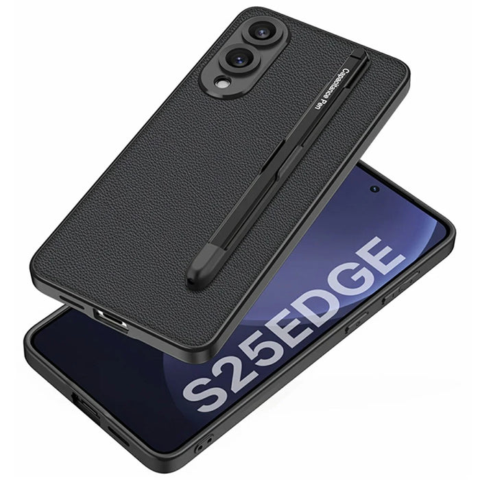 For Samsung Galaxy S25 Edge Case Skin-Touch PU Leather + PC Phone Cover with Stylus - Carbon Fiber Texture - 5