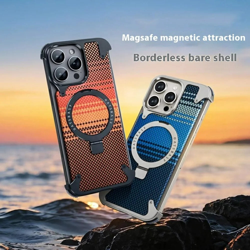 For iPhone 16 Pro Magnetic Case Aramid Fiber Borderless Phone Cover with Rotatable Kickstand - Black - 2