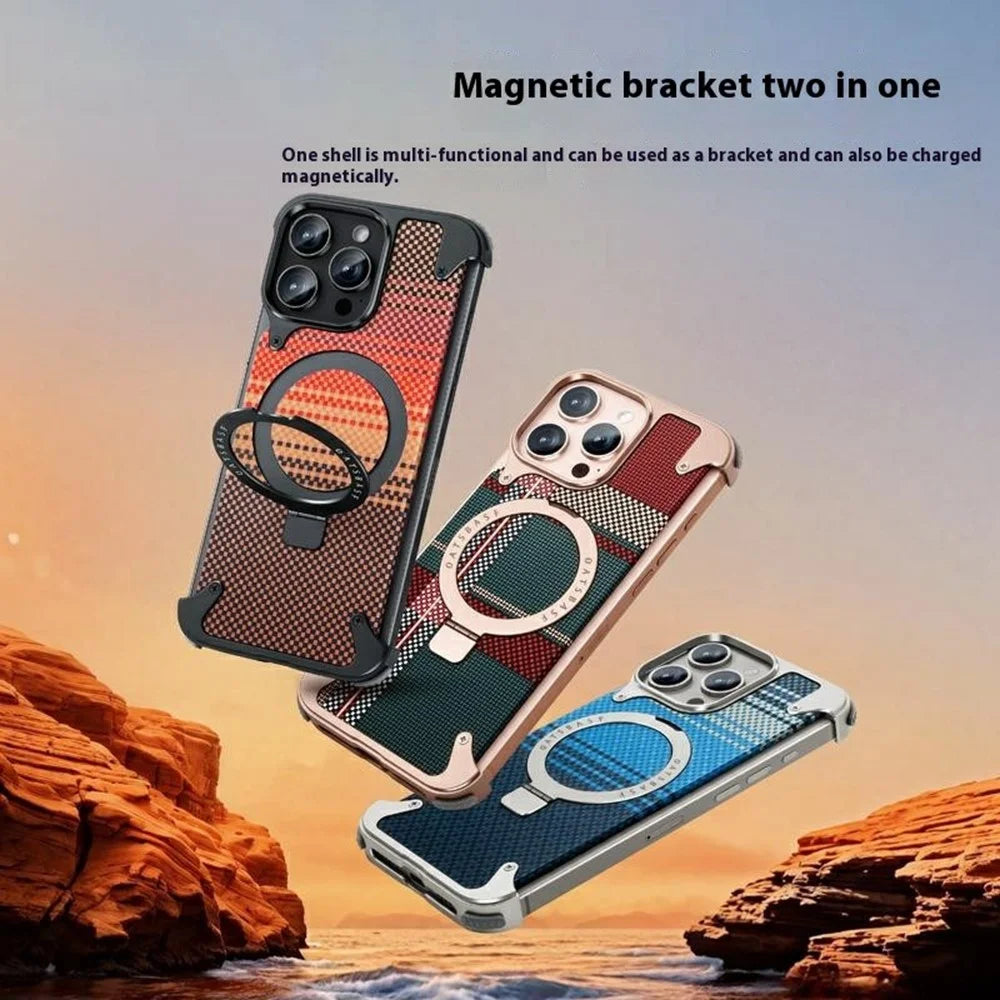 For iPhone 16 Pro Magnetic Case Aramid Fiber Borderless Phone Cover with Rotatable Kickstand - Black - 4