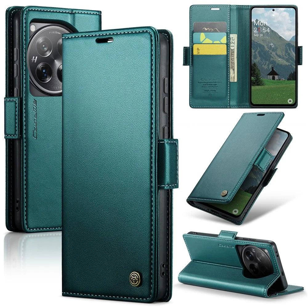 CASEME For OnePlus 12 5G Case  023 Series RFID Blocking Leather Wallet Stand Phone Cover - Green - 1