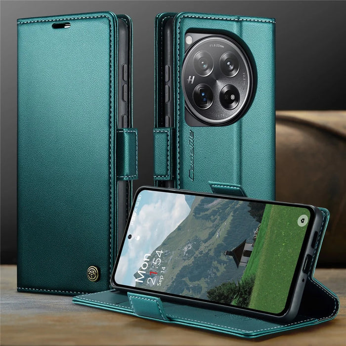 CASEME For OnePlus 12 5G Case  023 Series RFID Blocking Leather Wallet Stand Phone Cover - Green - 4