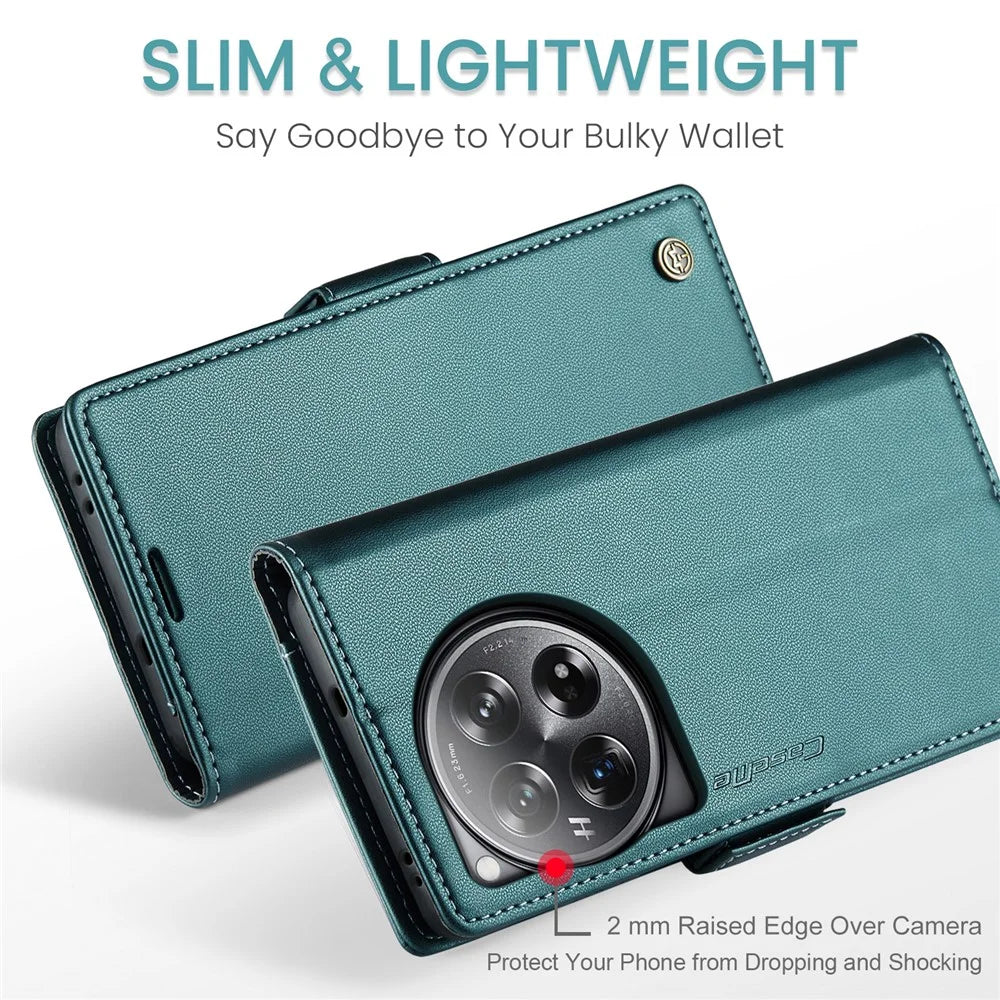 CASEME For OnePlus 12 5G Case  023 Series RFID Blocking Leather Wallet Stand Phone Cover - Green - 5