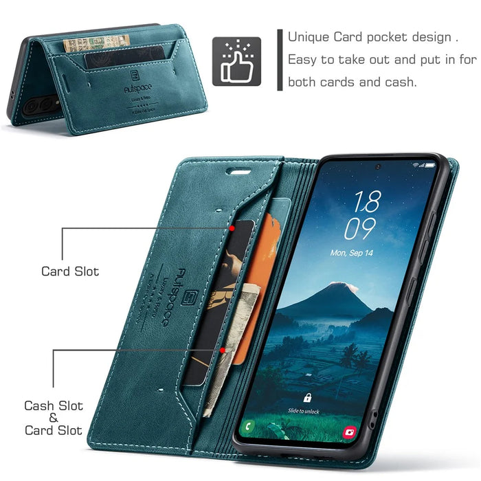AUTSPACE For Samsung Galaxy S25 Edge Wallet Case  A01 Leather Stand Cover with RFID Blocking Card Holder - Blue - 6