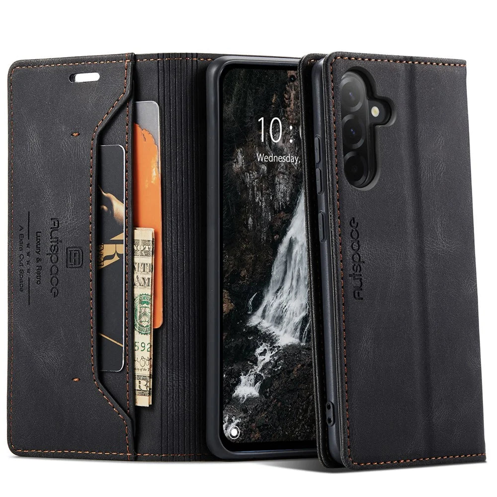 AUTSPACE For Samsung Galaxy A56 5G Wallet Case  A01 Leather Stand Cover with RFID Blocking Card Holder - Black - 1