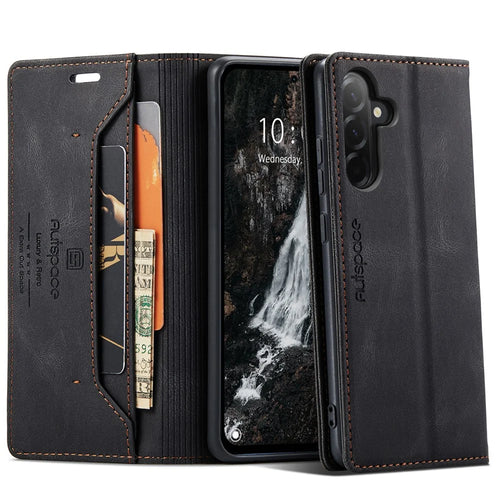 AUTSPACE For Samsung Galaxy A56 5G Wallet Case  A01 Leather Stand Cover with RFID Blocking Card Holder - Black - 1
