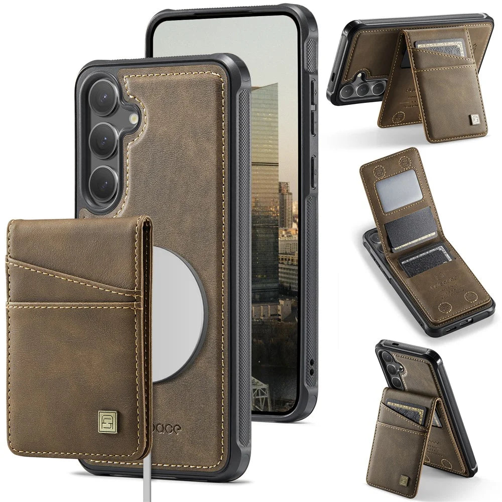 AUTSPACE For Samsung Galaxy S25+ / Galaxy S24+ Case  A12 Leather Back Cover with Magnetic Detachable Card Bag Kickstand - Coffee - 2