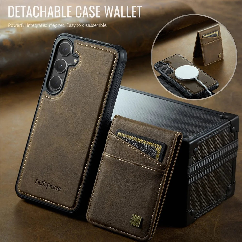 AUTSPACE For Samsung Galaxy S25+ / Galaxy S24+ Case  A12 Leather Back Cover with Magnetic Detachable Card Bag Kickstand - Coffee - 5