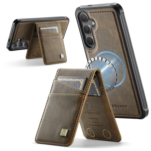 AUTSPACE For Samsung Galaxy S25 / Galaxy S24 Case  A12 Leather Back Cover with Magnetic Detachable Card Bag Kickstand - Coffee - 1