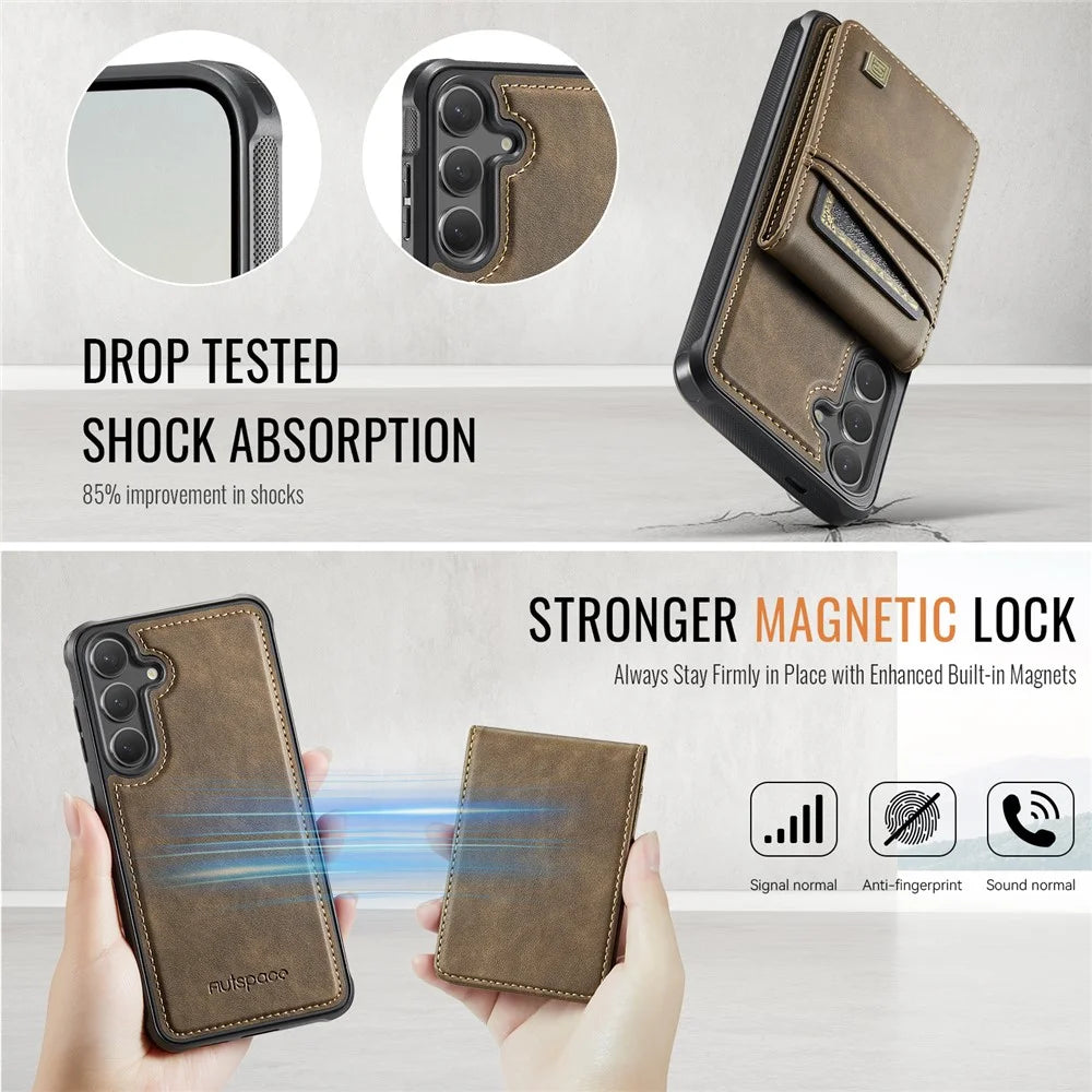 AUTSPACE For Samsung Galaxy S25 / Galaxy S24 Case  A12 Leather Back Cover with Magnetic Detachable Card Bag Kickstand - Coffee - 6