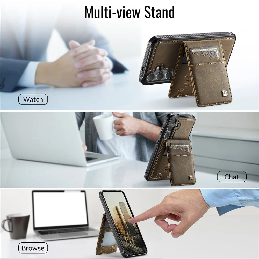 AUTSPACE For Samsung Galaxy S25 / Galaxy S24 Case  A12 Leather Back Cover with Magnetic Detachable Card Bag Kickstand - Coffee - 7