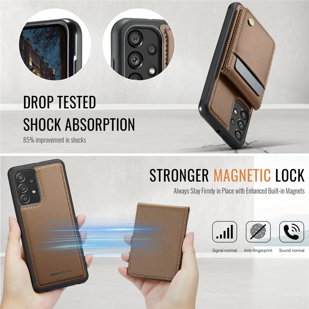 JEEHOOD For Samsung Galaxy A23 5G (Global Version) / Galaxy A23 4G Leather Back Cover Magnetic Case  J06 Phone Case with Card Bag RFID Blocking - Brown - 7
