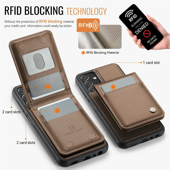 JEEHOOD For Samsung Galaxy A24 4G (162.1 x 77.6 x 8.3mm) Leather Back Cover Magnetic Case  J06 Phone Case with Card Bag RFID Blocking - Brown - 3