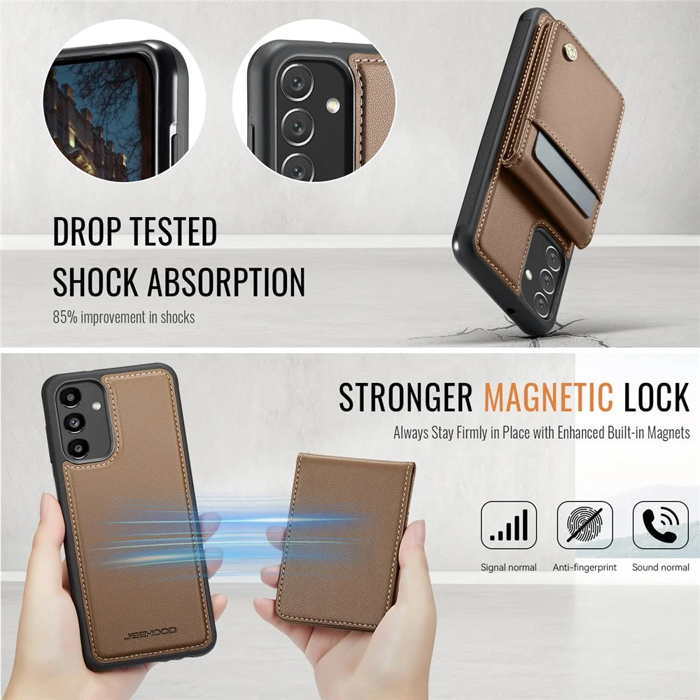 JEEHOOD For Samsung Galaxy A24 4G (162.1 x 77.6 x 8.3mm) Leather Back Cover Magnetic Case  J06 Phone Case with Card Bag RFID Blocking - Brown - 5