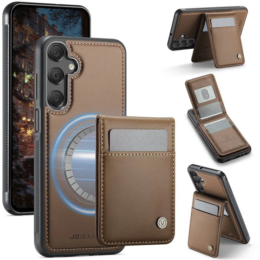 JEEHOOD For Samsung Galaxy A25 5G (Global) (161mm) Leather Back Cover Magnetic Case  J06 Phone Case with Card Bag RFID Blocking - Brown - 1
