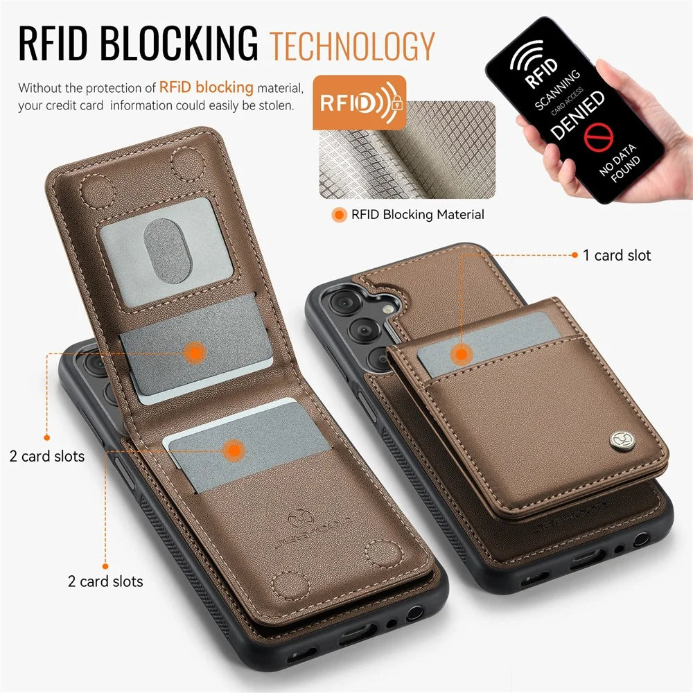 JEEHOOD For Samsung Galaxy A25 5G (Global) (161mm) Leather Back Cover Magnetic Case  J06 Phone Case with Card Bag RFID Blocking - Brown - 3