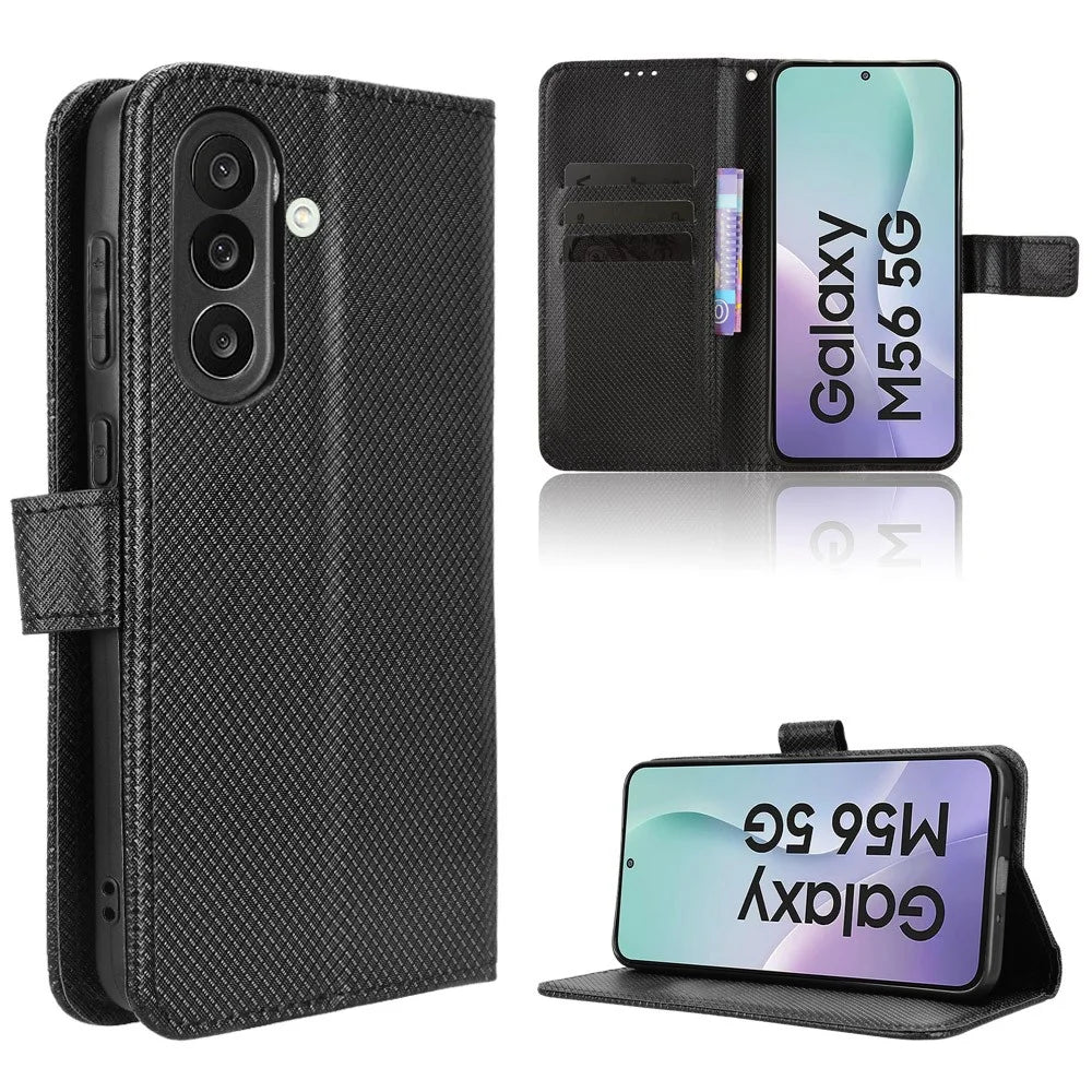 For Samsung Galaxy F56 5G / M56 5G Leather Wallet Case with Strap Diamond Texture Phone Cover - Black - 1