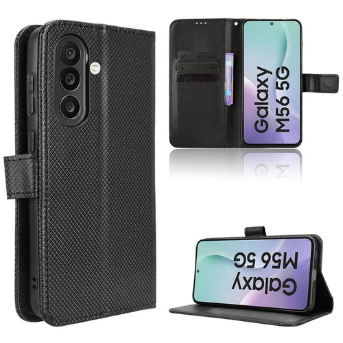For Samsung Galaxy F56 5G / M56 5G Leather Wallet Case with Strap Diamond Texture Phone Cover - Black - 1