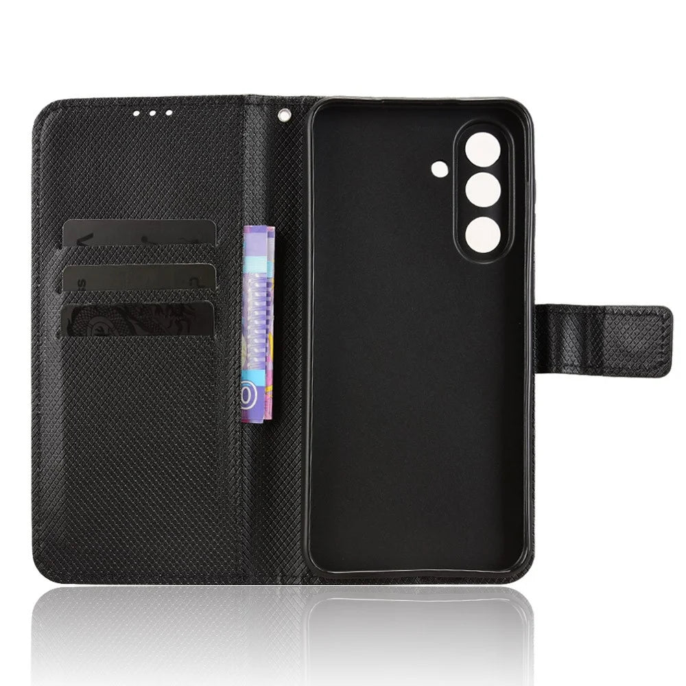 For Samsung Galaxy F56 5G / M56 5G Leather Wallet Case with Strap Diamond Texture Phone Cover - Black - 5