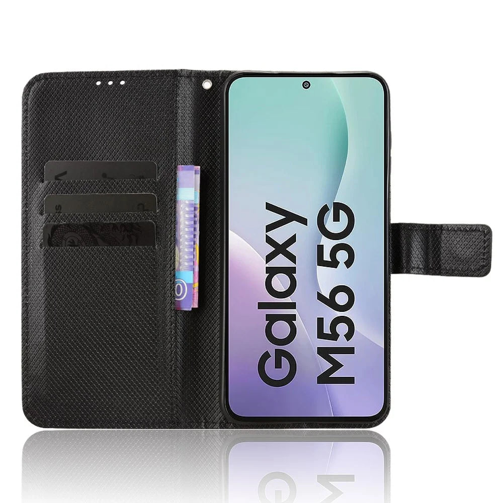 For Samsung Galaxy F56 5G / M56 5G Leather Wallet Case with Strap Diamond Texture Phone Cover - Black - 6