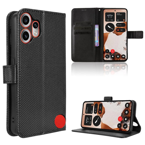 For Nothing CMF Phone 2 Pro Leather Wallet Case with Strap Diamond Texture Phone Cover - Black - 1