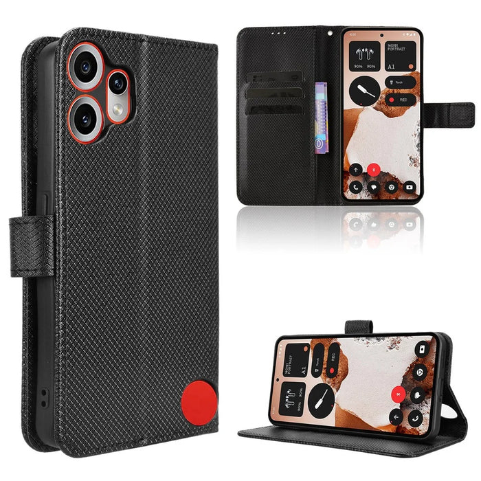 For Nothing CMF Phone 2 Pro Leather Wallet Case with Strap Diamond Texture Phone Cover - Black - 1