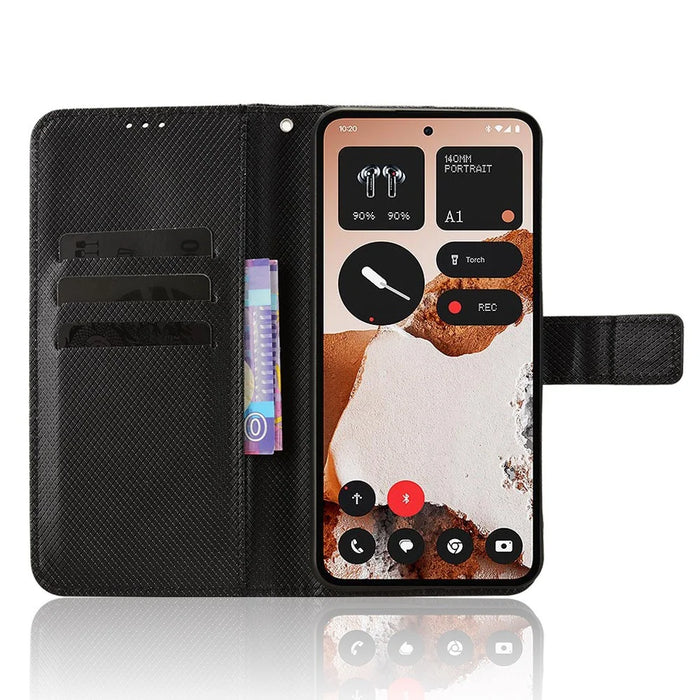 For Nothing CMF Phone 2 Pro Leather Wallet Case with Strap Diamond Texture Phone Cover - Black - 6