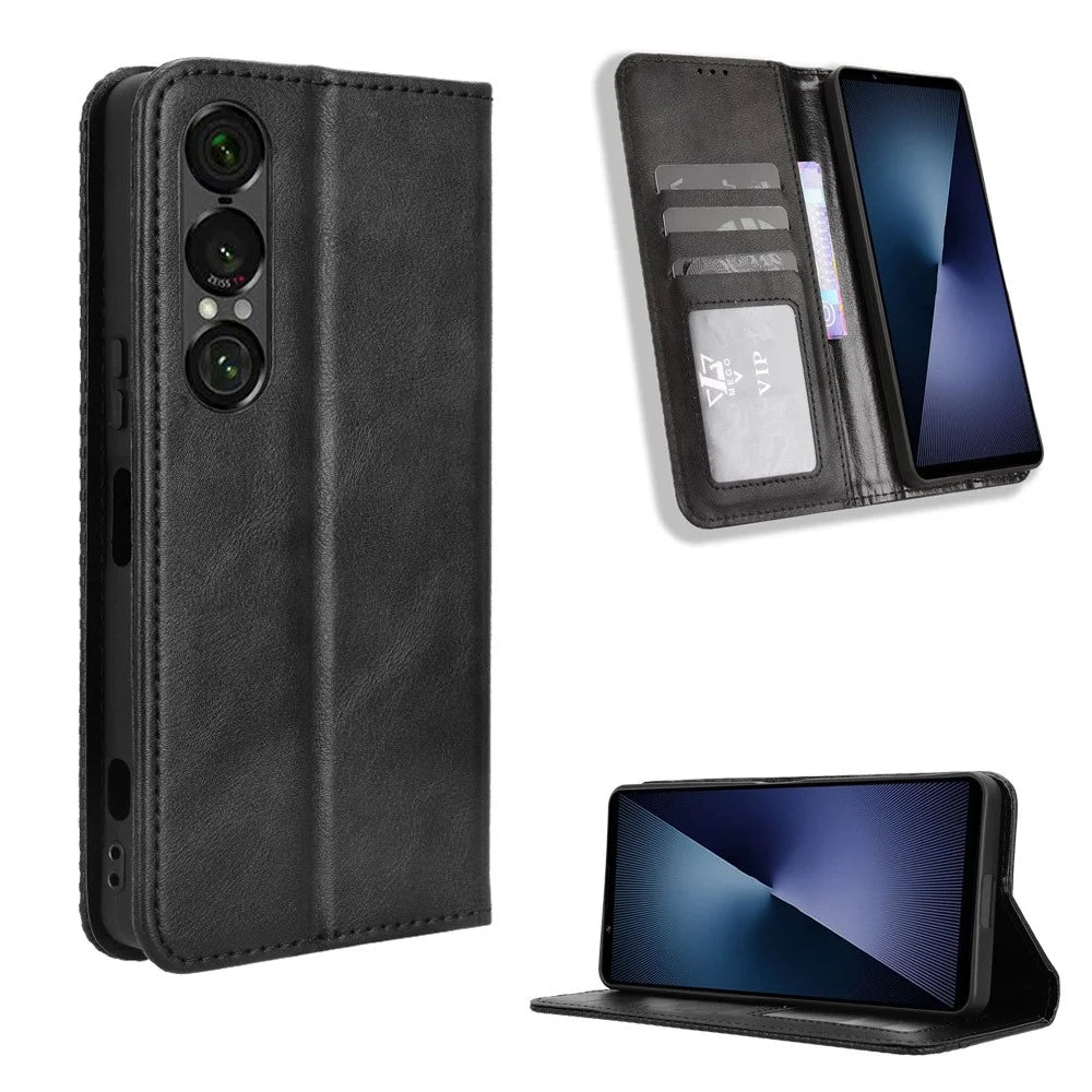 For Sony Xperia 1 VII Leather Case Wallet Stand Retro Texture Phone Cover - Black - 1
