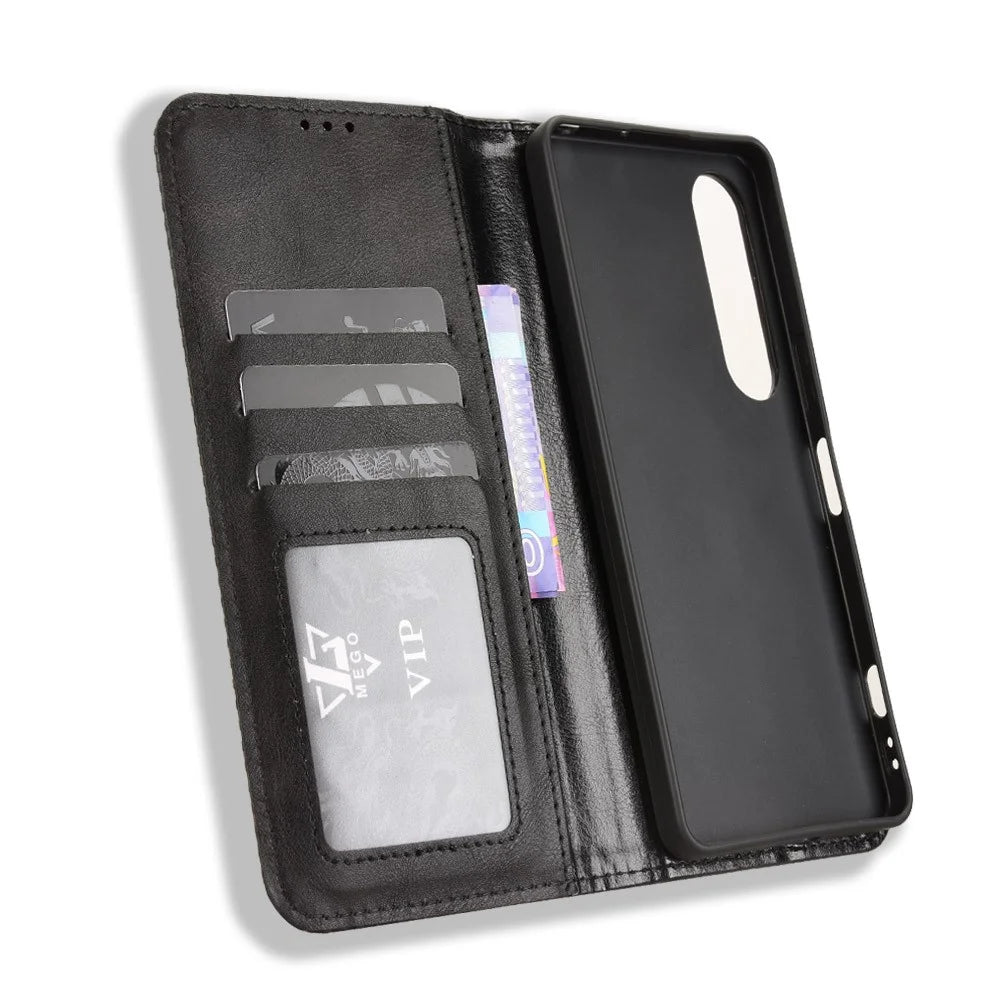 For Sony Xperia 1 VII Leather Case Wallet Stand Retro Texture Phone Cover - Black - 5