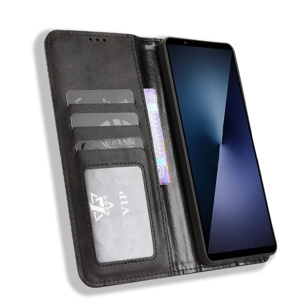 For Sony Xperia 1 VII Leather Case Wallet Stand Retro Texture Phone Cover - Black - 6