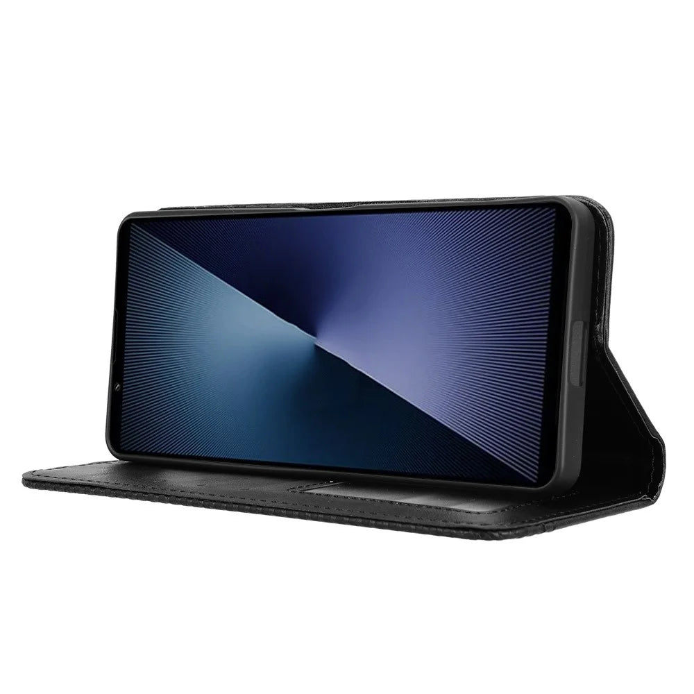 For Sony Xperia 1 VII Leather Case Wallet Stand Retro Texture Phone Cover - Black - 7