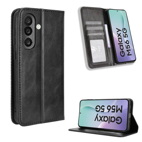 For Samsung Galaxy F56 5G / M56 5G Leather Case Wallet Stand Retro Texture Phone Cover - Black - 1