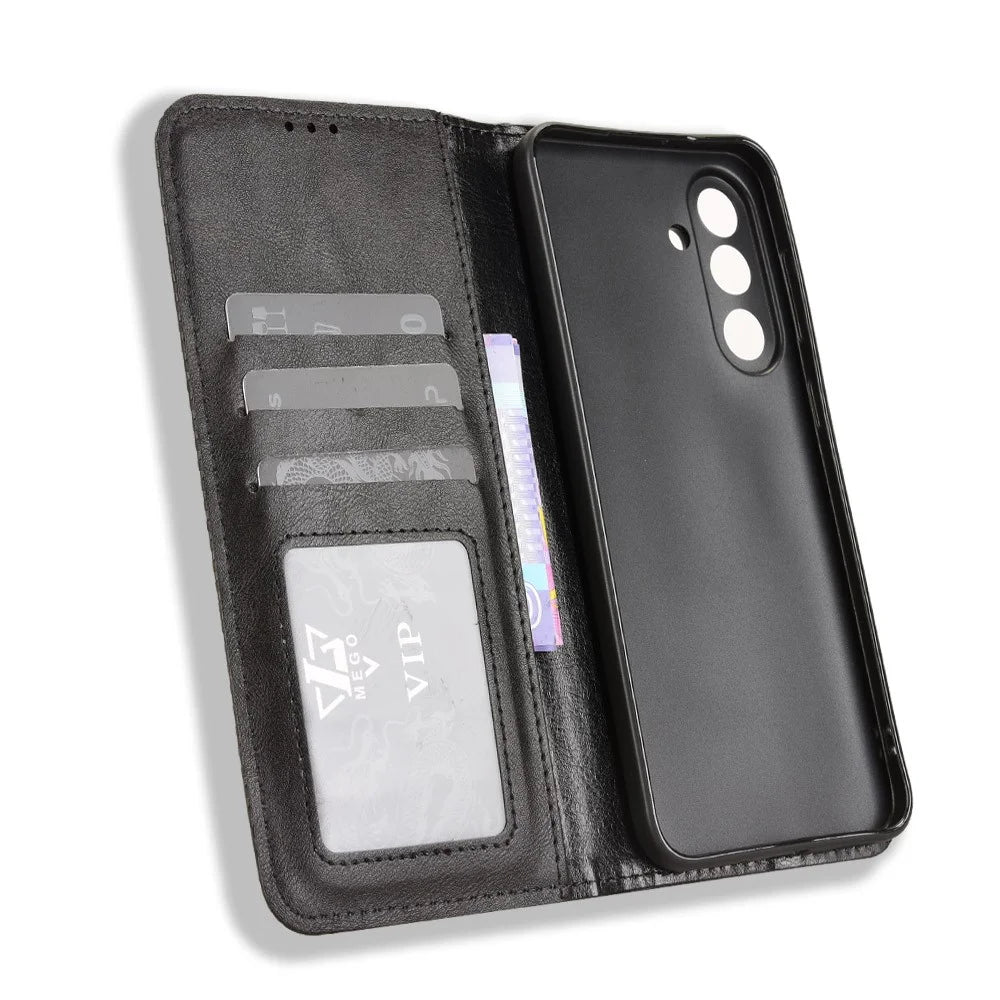 For Samsung Galaxy F56 5G / M56 5G Leather Case Wallet Stand Retro Texture Phone Cover - Black - 5