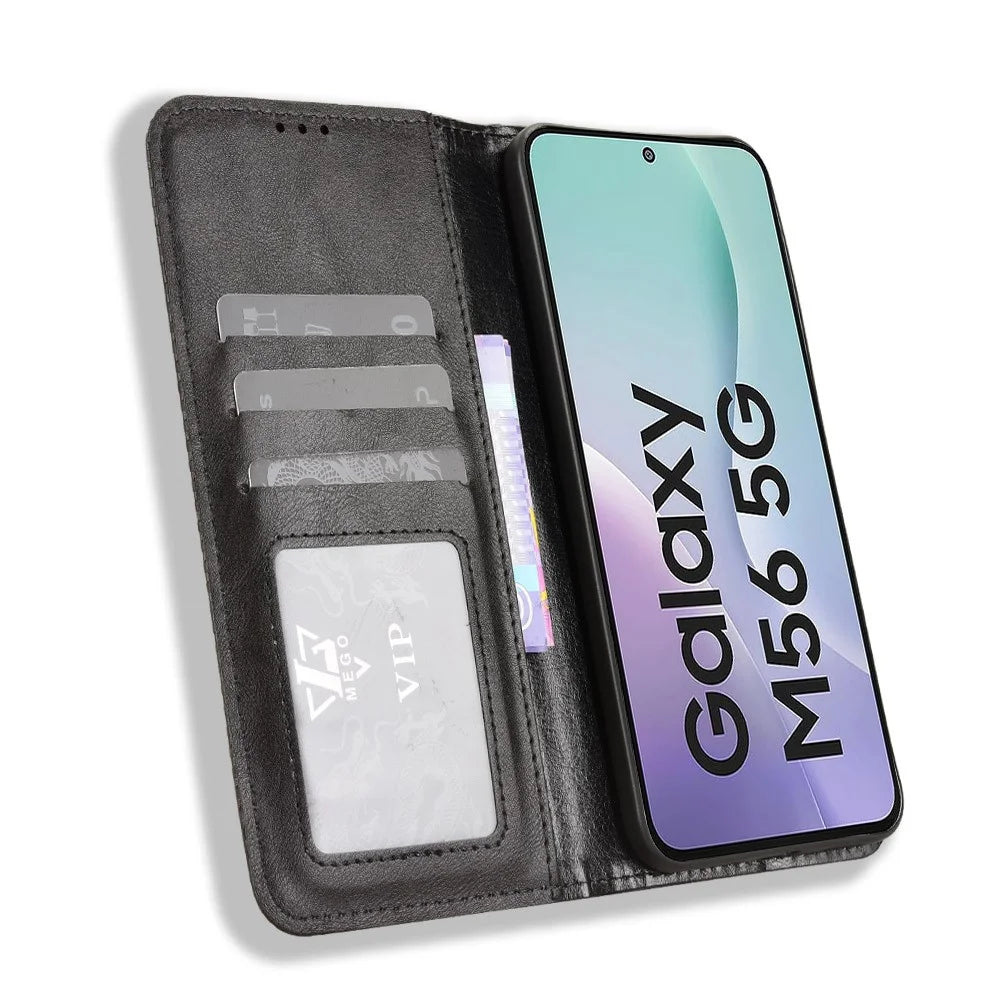For Samsung Galaxy F56 5G / M56 5G Leather Case Wallet Stand Retro Texture Phone Cover - Black - 6