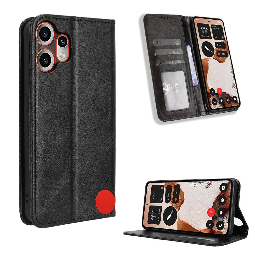 For Nothing CMF Phone 2 Pro Leather Case Wallet Stand Retro Texture Phone Cover - Black - 1